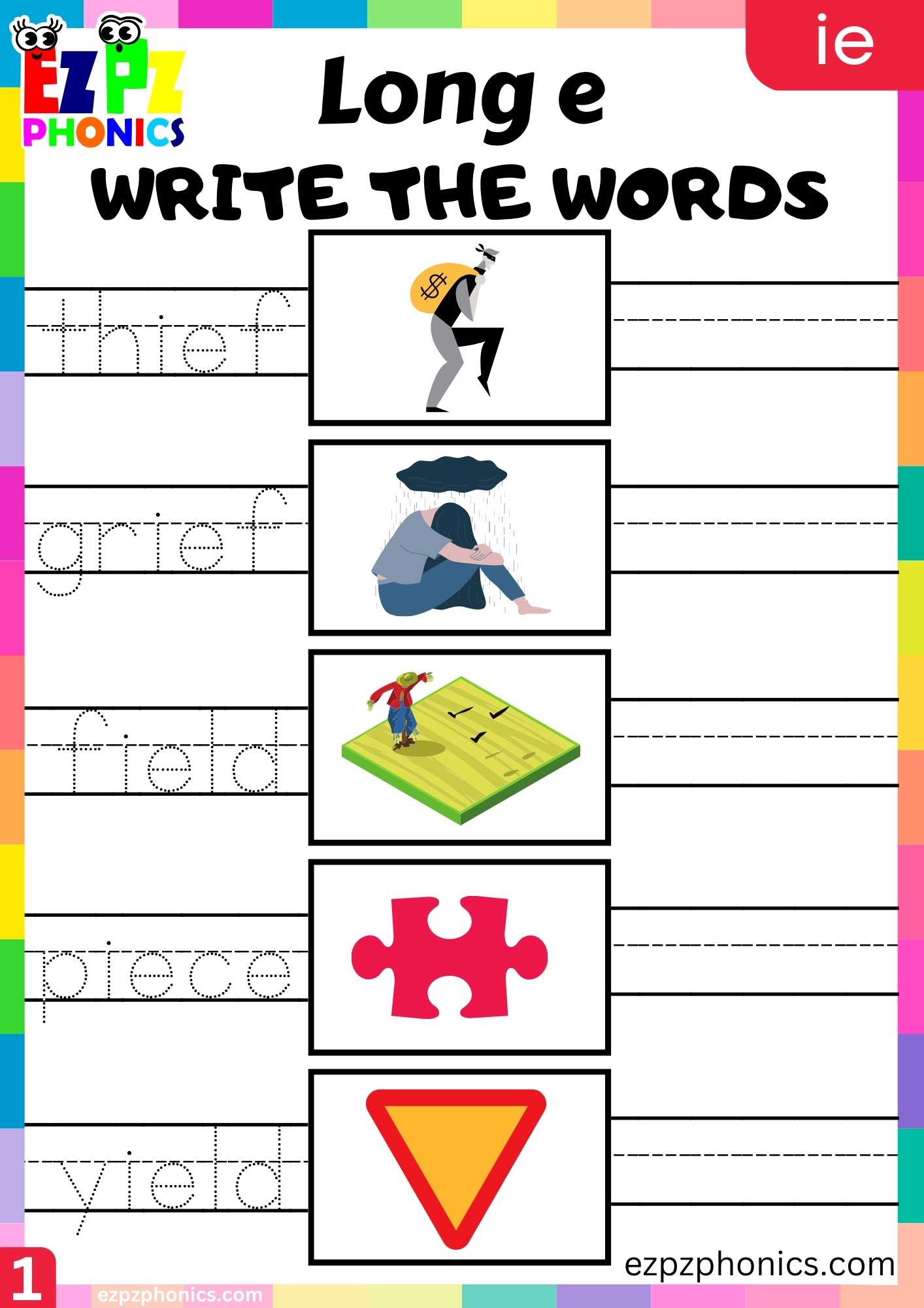 IE Words Write The Words Long E Phonics Worksheet